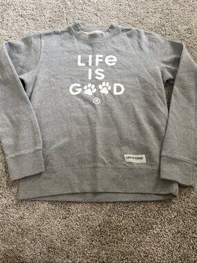 Life is Good Paw Print Crewneck Sweatshirt Mens S Gray Dog Lover Fleece